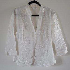 White Linen Shirt Floral Embroidery